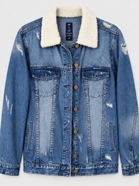 Design Lab Lord & Taylor Distressed Denim Sherpa Collar Trucker Jacket Size M